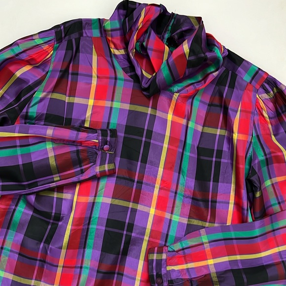 Vintage Colorful Taffeta Plaid Funnel Neck Holiday Winter Blouse Size Small - Picture 7 of 15